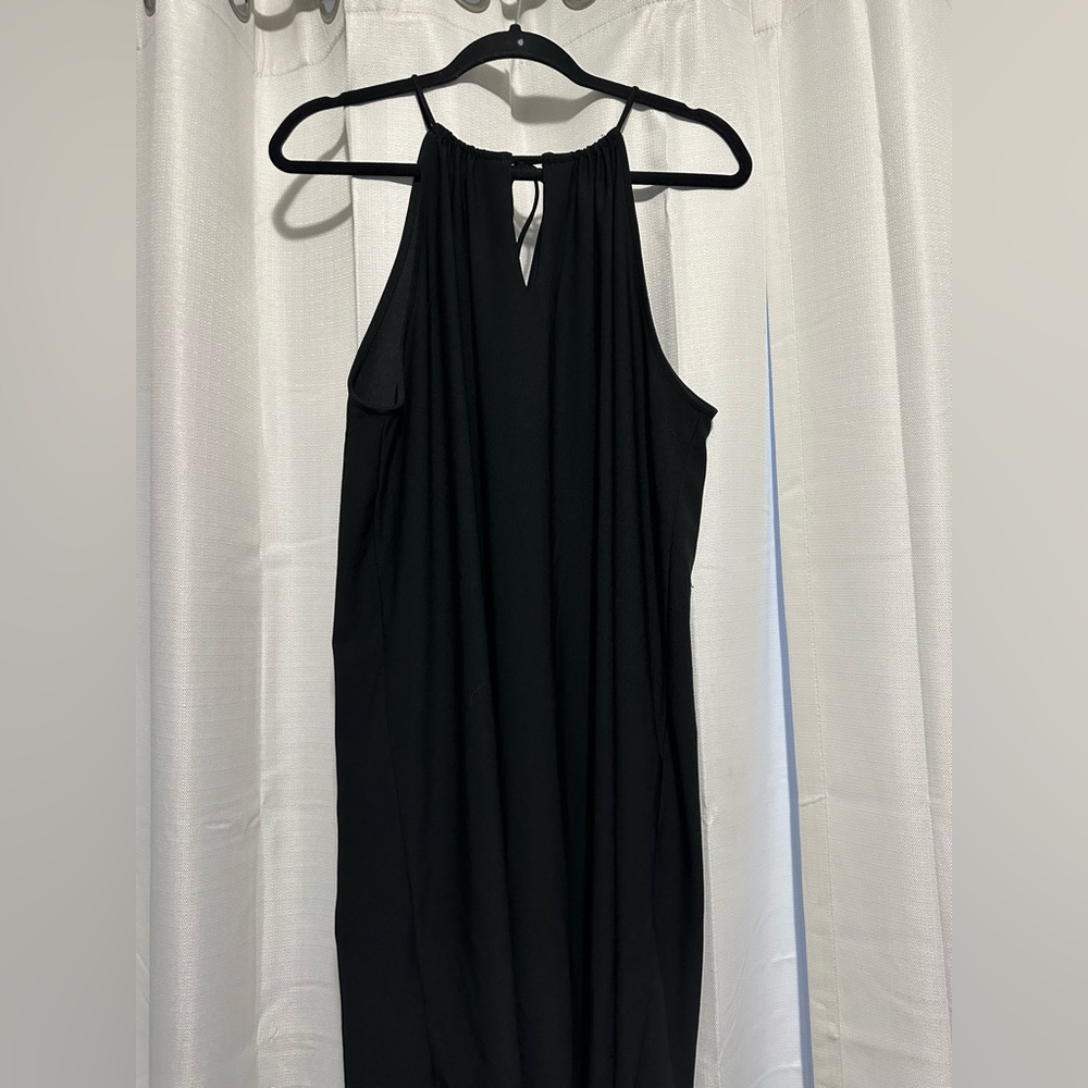 MNG Black high neckline midi dress.
